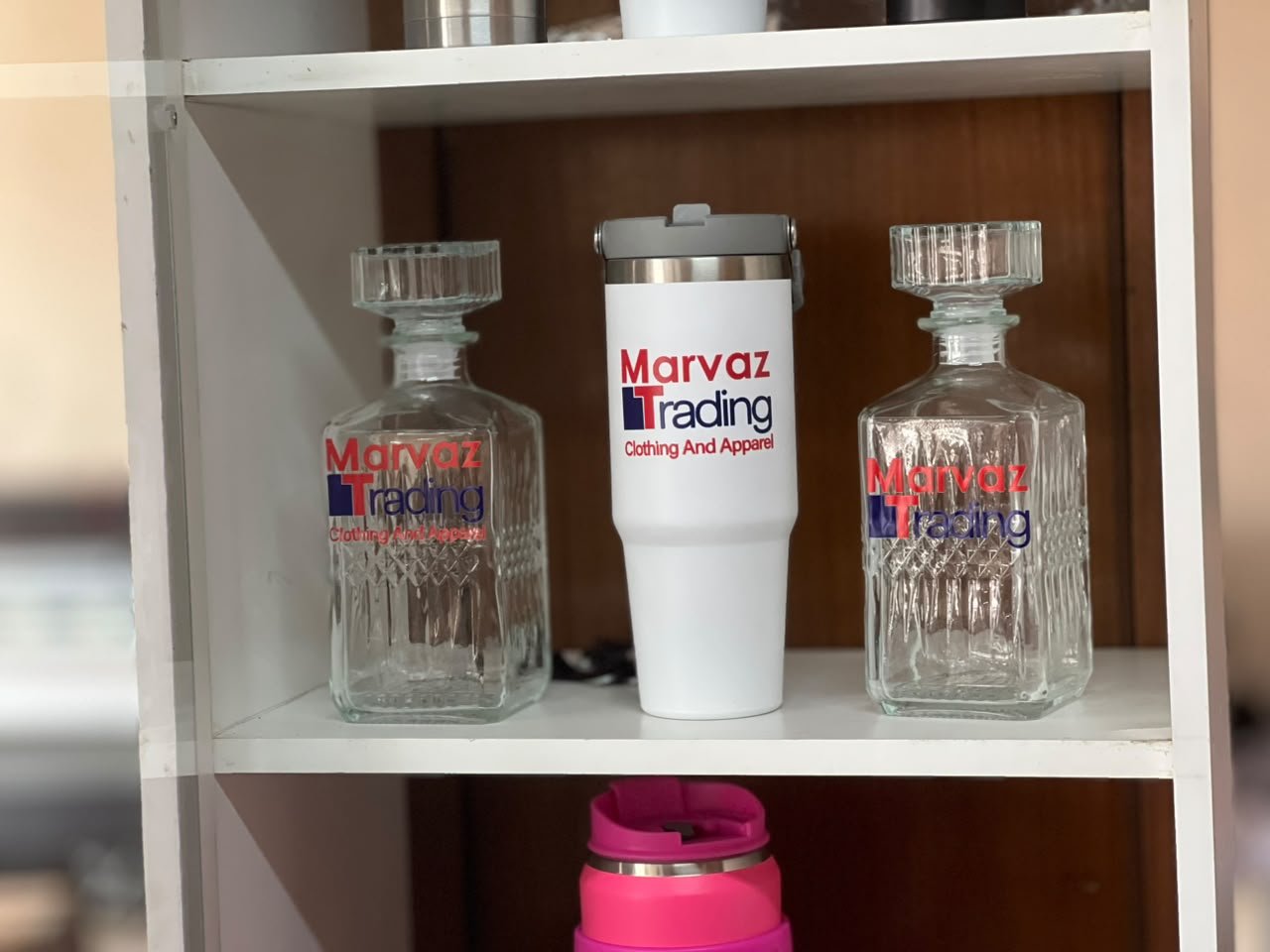 Marvaz Trading branded decanters and tumbler